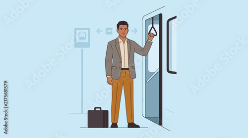 Man Standing With Suitcase On Subway Platform, Holding Handle