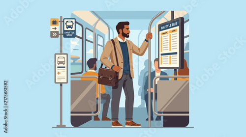 Man standing inside public transport, holding onto pole, looking at schedule