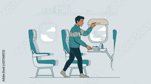 Man preparing tray table inside airplane cabin, travel illustration