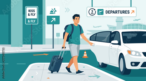 Man Pulling Suitcase Arriving at Airport Departure Terminal