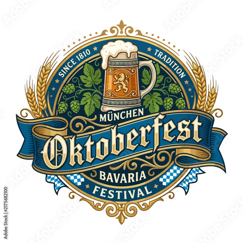 Oktoberfest Munich Bavaria Tradition Festival Emblem Beer Mug Hops Wheat