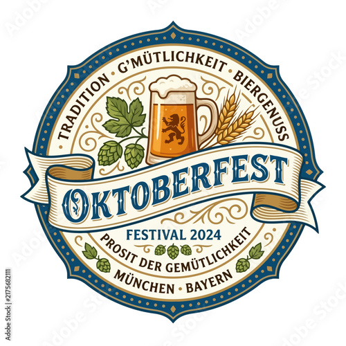 Oktoberfest Munich Festival Emblem with Beer Mug, Hops, Wheat, Ribbon & German Text