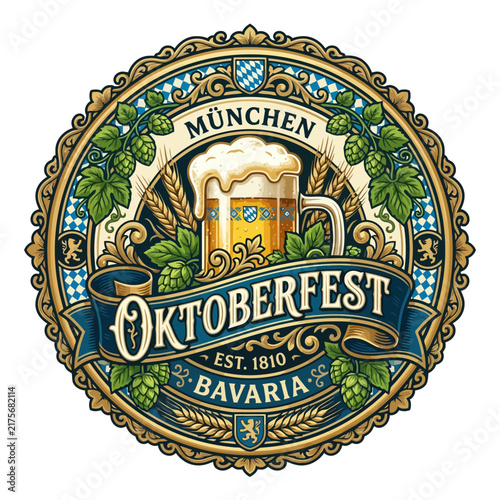 Oktoberfest Munich Bavaria Beer Emblem with Hops and Wheat