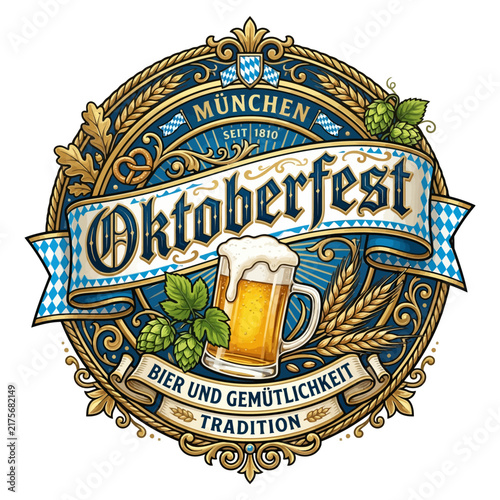 Oktoberfest Munich Beer Mug Emblem Bavarian Tradition Blue Gold Wheat Hops