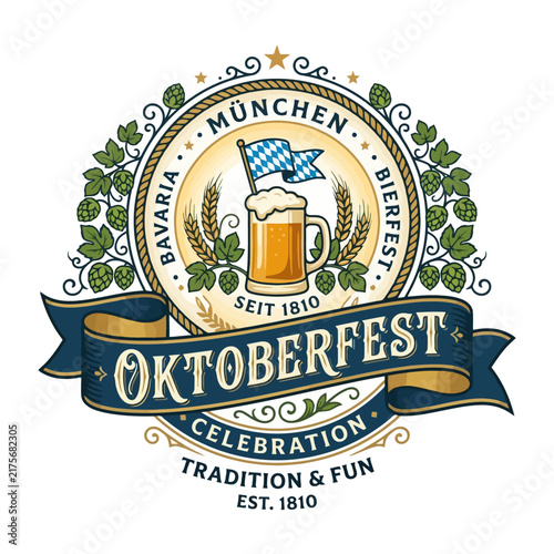 Oktoberfest Munich Bavaria Beer Celebration Badge Emblem Hop Wheat
