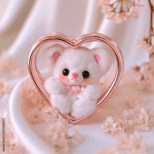 Cute white hamster with pink nose inside heart-shaped frame
