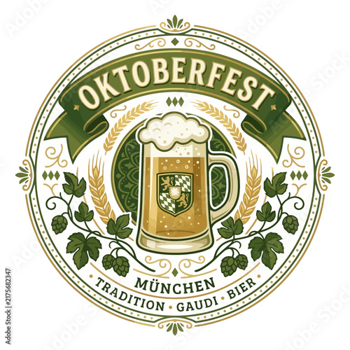 Oktoberfest Munich Beer Mug Emblem with Hops and Wheat, Bavarian Tradition