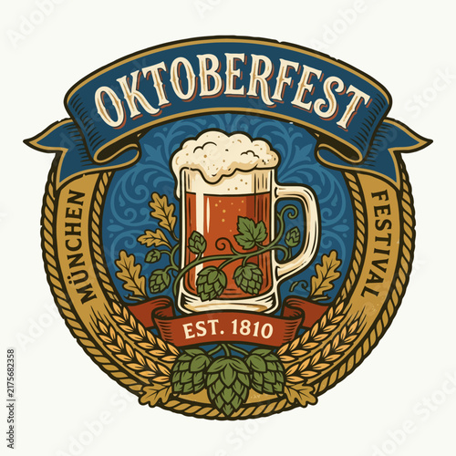 Oktoberfest Munich Beer Festival Emblem with Hops and Wheat