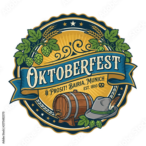 Oktoberfest Munich Badge: Barrel, Hat, Hops, Wheat, Bavarian Culture