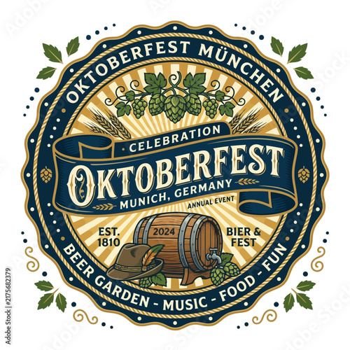 Oktoberfest Munich Celebration Badge with Beer Barrel and Hat