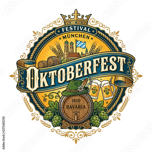 Oktoberfest Munich Bavaria Barrel Beer Festival Vintage Emblem Badge