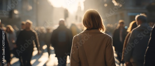 A young woman walks through a busy city street filled with people in the warm glow of sunlight creating an atmosphere of everyday life and urban hustle. Generative AI