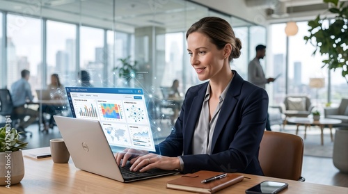 Businesswoman Using Artificial Intelligence Analytics Dashboard in Modern Office