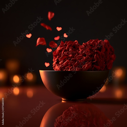 Close-up of a bowl of red heart-shaped candies with floating hearts