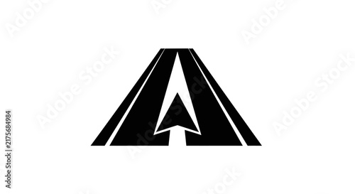 A minimalist black and white graphic design featuring a sharp triangular arrow shape