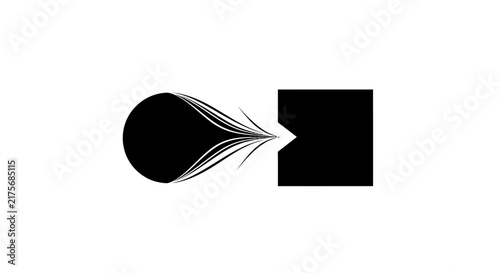 A minimalist black graphic design featuring a circle and a square shape