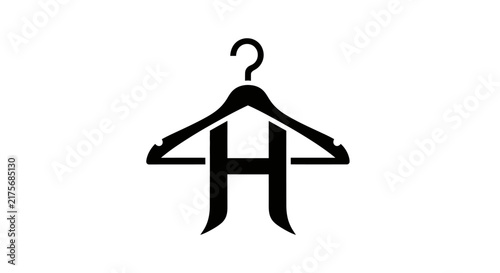 A minimalist black icon featuring a clothes hanger and a letter shape
