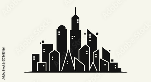 A minimalist black silhouette of a modern city skyline on a light background
