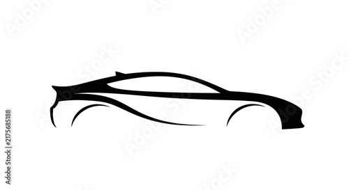 A minimalist black silhouette of a modern sports car on a white background