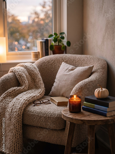 Cozy Autumn Reading Nook with Armchair, Knit Blanket, Books and Pumpkin, Warm Fall Home Interior