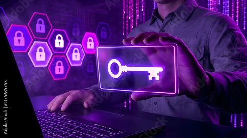 Cybersecurity professional holding digital key icon, network security protection with glowing locks, futuristic data encryption concept