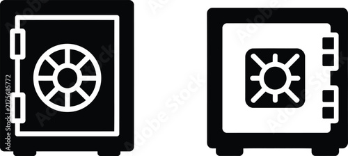 Safe box icon set with solid black bank vault strongbox security finance symbol vector illustration