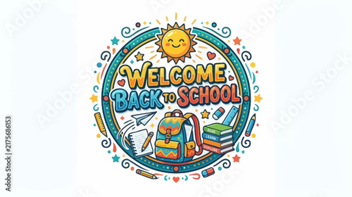 Welcome Back To School: Cartoon Sun, Backpack, Books, & Supplies Banner