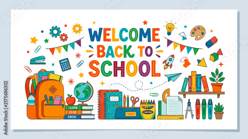 Welcome Back To School Colorful Illustration with Backpack, Books, Supplies & Fun Elements