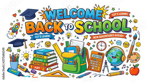 Welcome Back to School: Colorful Illustration with School Supplies and Text