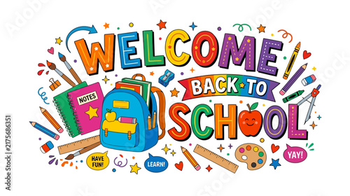 Welcome Back to School Colorful Illustration with Stationary and Backpack