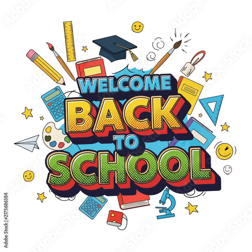 Welcome Back to School Comic Style with School Supplies and Icons