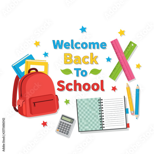 Welcome Back To School illustration with backpack, books, stationery and stars