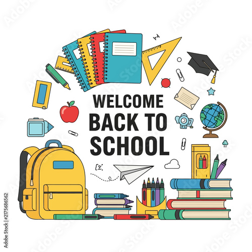 Welcome Back to School illustration with backpack, books, stationery, and graduation cap