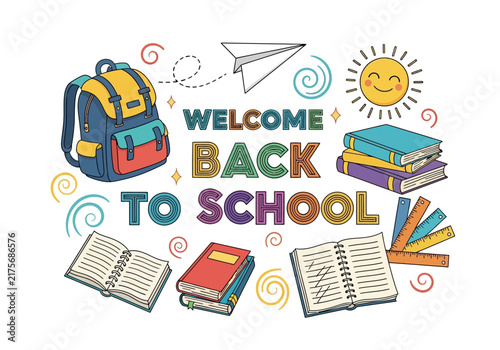 Welcome Back to School illustration with backpack, books, sun, ruler, paper plane