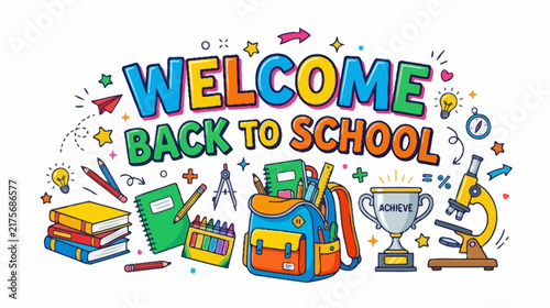 Welcome Back To School Illustration with Backpack, Books, Trophy & Supplies