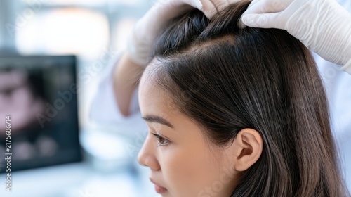 A woman is being examined by a gloved professional checking her scalp, likely for hair or skin health assessment.