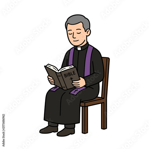 Priest Reading Bible Sitting on Chair.