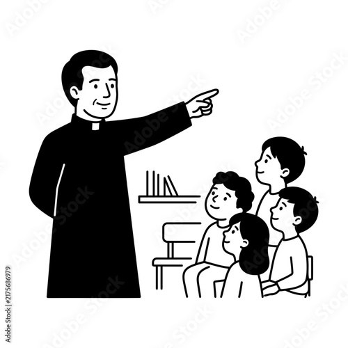 Priest teaching children in a classroom setting.