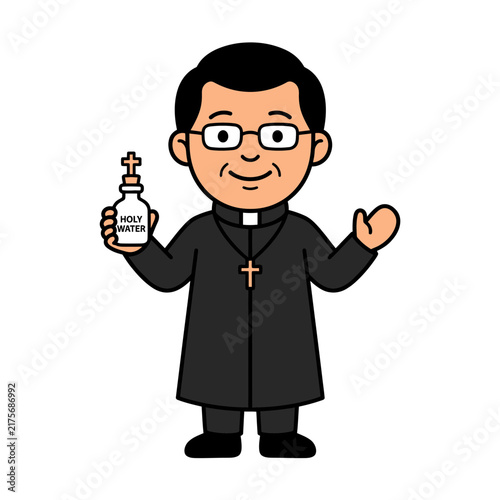 Cartoon Priest Holding Holy Water Bottle.