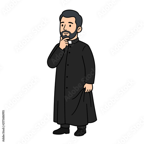 Cartoon priest in black cassock contemplating with hand on chin.