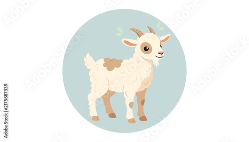 Cute cartoon baby goat illustration standing inside a soft blue circle with green leaf accents on a white background.