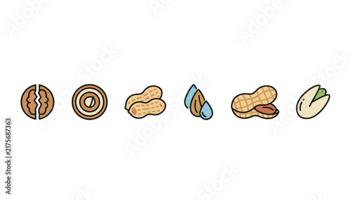 Set of six colorful flat vector icons representing different types of healthy nuts, including peanuts and almonds.