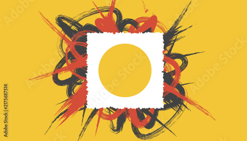 Abstract artistic composition with a yellow circle inside a white square over red and black energetic brush splatters.