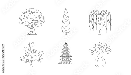 Collection of six minimalist tree illustrations in different shapes using fine textured line art on a white background.