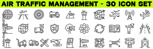 Air Traffic Management Line Editable Icon Set – Aircraft Control, Radar, Navigation Vector Illustration with Editable Stroke