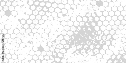 Hexagonal grid with distressed texture in white and grey for abstract backgrounds