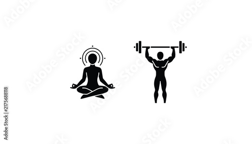 Black silhouette icons representing mental and physical health through a meditating figure and a weightlifter training.