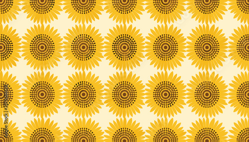Bright seamless pattern of repeating yellow sunflowers with detailed brown centers over a light cream background.