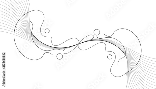 Elegant abstract black and white line art pattern featuring symmetrical fluid waves, radiating lines, and circular accents.