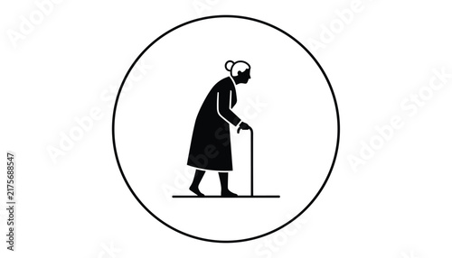 Minimalist black icon of an elderly woman walking with a cane inside a circular border, representing senior citizen care.